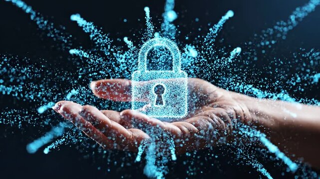 Cybersecurity and data protection through human privacy guardianship. Glowing padlock made of luminous blue particles pulsing on an open palm with radial particle dispersal on a dark navy background.