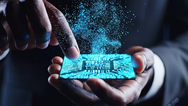 Semiconductor and AI hardware computing innovation through human design. Glowing CPU microchip with intricate circuits made of luminous blue particles held by fingertips on a dark navy background.