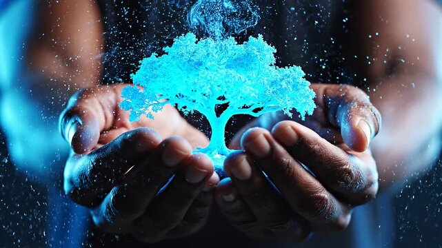 Sustainability and corporate ESG legacy growth through human stewardship. Glowing miniature tree made of luminous blue particles with full canopy cupped in human hands on a dark navy background.