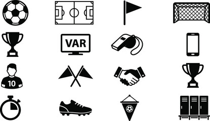 Professional soccer icon set featuring football field trophy ball whistle goal net and var monitor symbols for sports competition and championship tournament. © MdMonowar