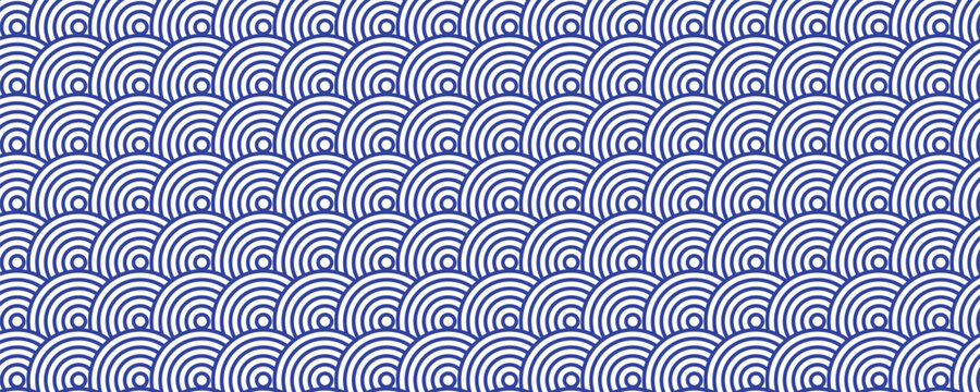 Seamless Japanese wave pattern in blue and white, inspired by traditional Seigaiha design, perfect for textiles, backgrounds, and decorative projects