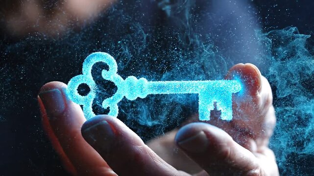 Access innovation and digital unlock opportunity through human authority. Glowing ornate key made of luminous blue particles slowly rotating between fingertips on a dark navy background.