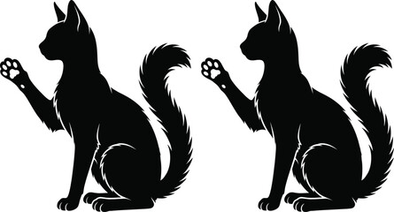 Two sitting cat silhouettes with raised paw, black feline vector illustration, elegant domestic pet design, creative animal artwork for stock use © MdMonowar