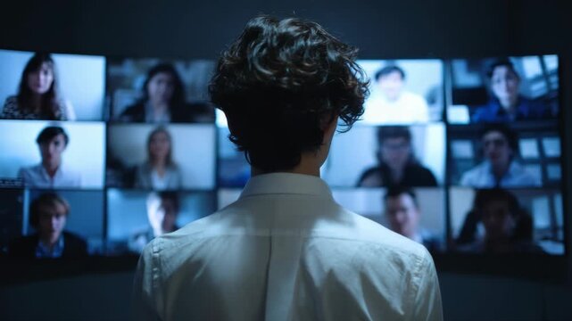 Person monitoring multiple video calls on large digital screens in dark room