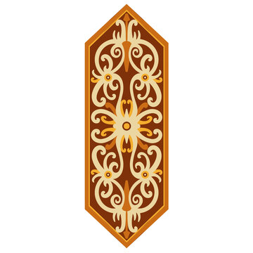Traditional Dayak shield motif, showcasing intricate ancestral art with floral and zoomorphic elements in earthy tones