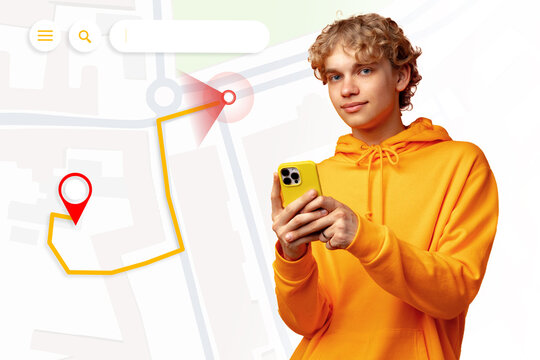 Young person checking travel route on mobile while planning taxi ride in urban area