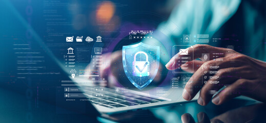 Cybersecurity protection concept with digital shield, encrypted data, secure login and online...