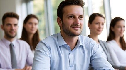 Obraz premium A group of professionals is engaged in a collaborative meeting within a brightly lit modern office environment