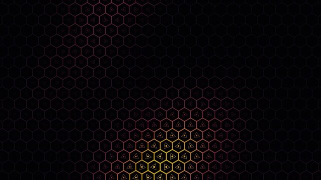 Abstract geometric background with hexagonal pattern and glowing triangles in yellow and red gradient