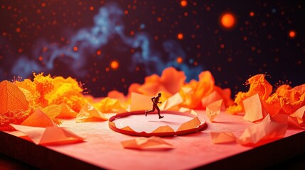 Obraz premium Minimalist scene. Small figure runs circular platform amid fiery geometric shapes. Dramatic lighting, dark background, vibrant colors dominate composition.