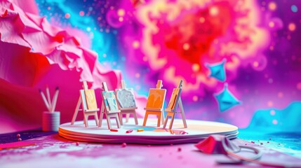 Fototapeta premium Bright studio scene. Miniature easels display colorful paintings. Abstract shapes, vibrant hues create surreal atmosphere. Artistic expression dominates.