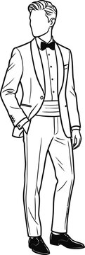 Black and white line art illustration of a man wearing a formal tuxedo 