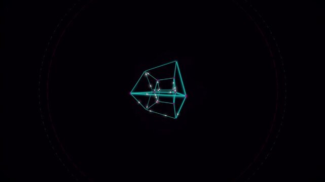 Abstract 3d wireframe tesseract structure glowing in dark space