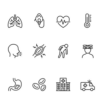 Hantavirus Symptoms and Medical Care Icon Set 12 clinical icons showing symptoms of Hantavirus Pulmonary Syndrome
(HPS) and medical emergency responses.