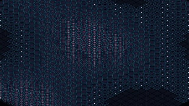 Abstract digital background with a grid of glowing blue and red isometric cubes