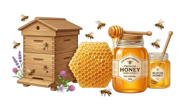 Honey production scene with bees hive and jars