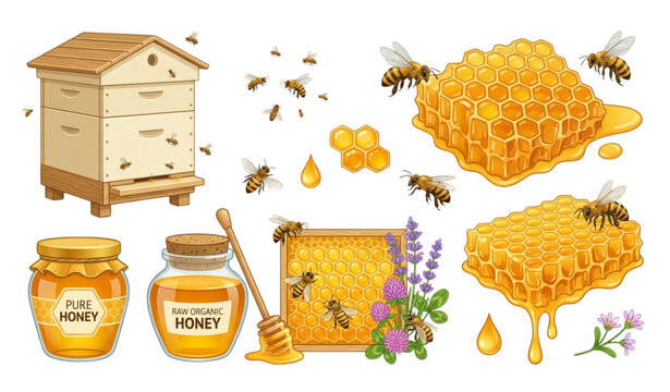 Honeybee collection hive honeycomb jars and floral elements vector illustration