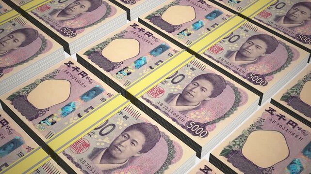 Stacks of 5000 JPY or Five Thousand Japanese Yen banknotes or currency. Neat Rows of Japan 5000 Yen Bank note in 3D Motion. 4k Animation.