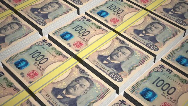 Stacks of 1000 JPY or One Thousand Japanese Yen banknotes or currency. Neat Rows of Japan 1000 Yen Bank note in 3D Motion. 4k Animation.