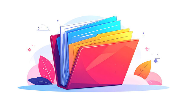 Open file folder with colorful documents, organized data, and abstract decorative elements, digital illustration for organization and record keeping concepts