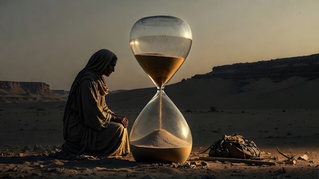 A solitary biblical woman kneeling beside an oversized hourglass partially filled with desert sand as she watches the final grains descend, an open arid plateau with distant rock shelves and scattered