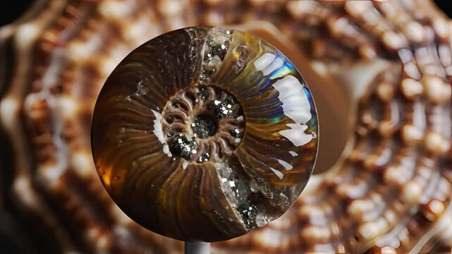 Closeup of a polished ammonite fossil revealing intricate spiral patterns.