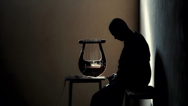 A temple musician seated before a neglected lyre resting on a simple stand layered with settled dust, a quiet chamber with plain walls, a narrow bench, and absent voices that intensify the spiritual s
