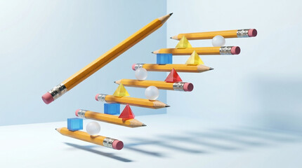 Floating oversized yellow pencils and translucent geometric shapes forming a staircase, symbolizing creative education and STEM learning.