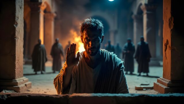 Peter lifting one hand in a defensive oath while averting his eyes from those confronting him, a tense urban courtyard bordered by columns, shadows, and watchmen that amplify the seriousness of his de