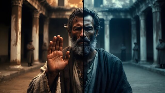 Peter lifting one hand in a defensive oath while averting his eyes from those confronting him, a tense urban courtyard bordered by columns, shadows, and watchmen that amplify the seriousness of his de