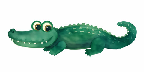 Obraz premium Watercolor illustration of cute smiling green crocodile full body side view isolated on white background, lovely alligator character design.