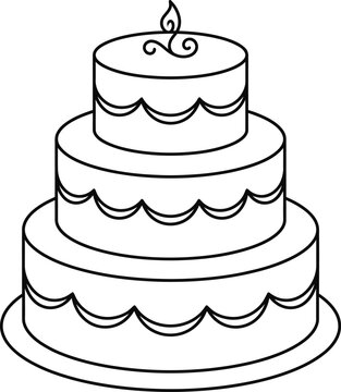 Black and white line art illustration of a three tiered celebration cake.