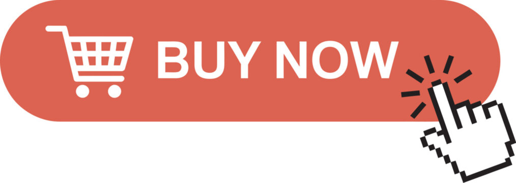 Buy now red button with click hand cursor icon, modern vector illustration for e-commerce, online shopping, call-to-action banners and website UI design elements.