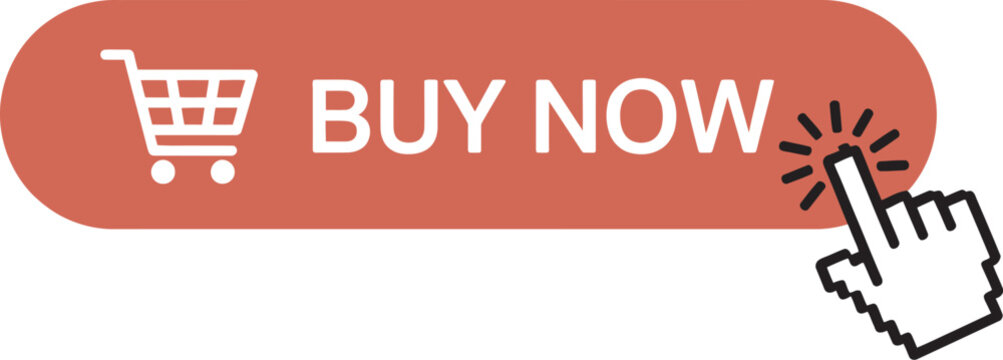 Buy now red button with hand cursor click icon, clean vector design for online stores, digital marketing, shopping apps and promotional call-to-action interface elements.