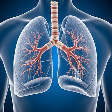  human bronchial tubes showing Atelectasis, with collapsed iridescent lung segments and restricted fluid flow, dynamic visualization of pressure, detailed, blue background