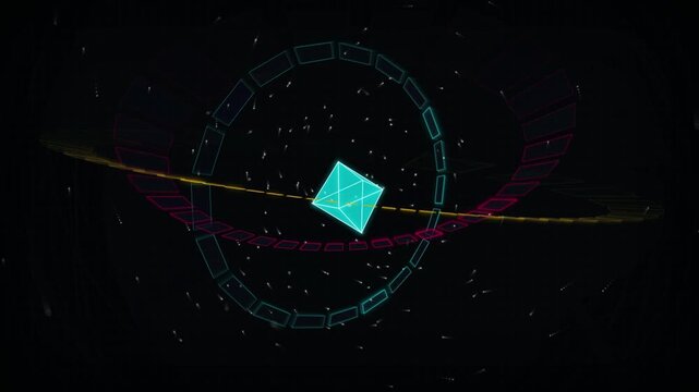 Abstract digital art featuring a glowing cyan geometric octahedron surrounded by neon rings in space