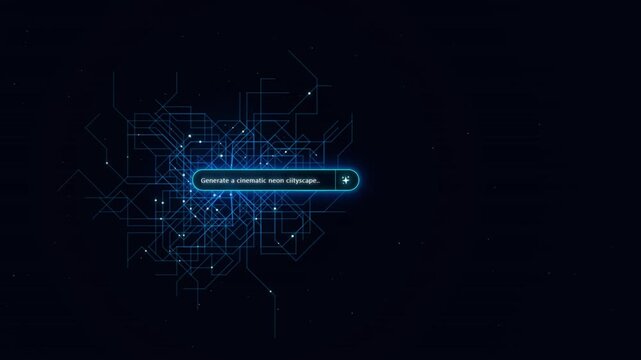 Futuristic digital interface with a glowing search bar and abstract network lines on a dark background