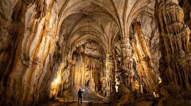 A person standing in a vast, cathedrallike limestone cave with massive stalactites and stalagmites