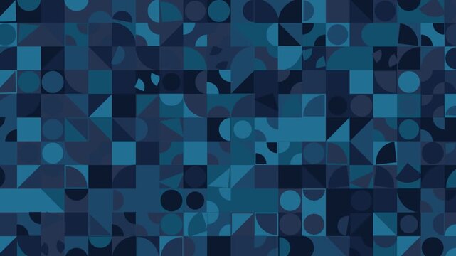 Abstract geometric background with blue squares, circles, and triangles pattern