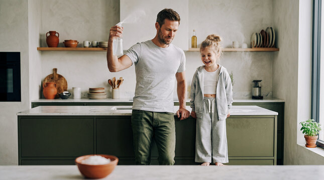 An expressive father creates a fine water mist with a spray bottle as his laughing daughter stands on tiptoes by a marble counter, backlit by volumetric hard raking light.
