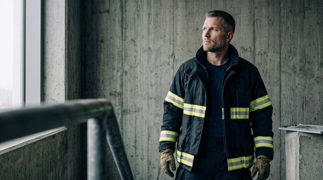 Medium horizontal shot of a 38-year-old firefighter in professional, de-branded black turnout gear. Leaning, looking intently upward with subtle brow furrow. Features high-end textures and folds.