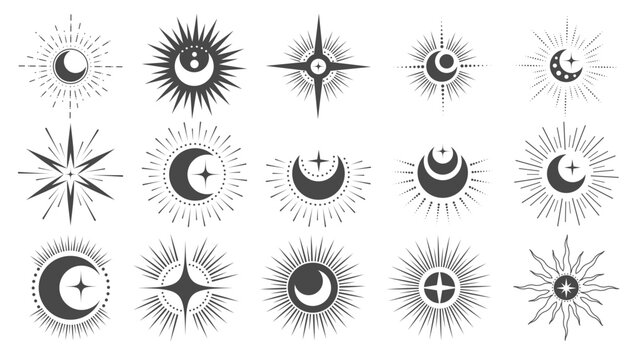 Celestial sun and moon icon set with boho line art elements. Minimalist vector symbols with stars, rays and mystical zodiac designs for spiritual projects.