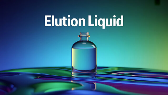 Elution liquid in a glass bottle on a colorful surface  laboratory chemical solution