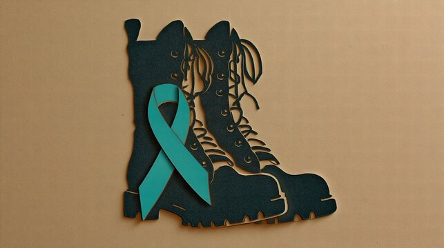 Paper cut military combat boots with teal ribbon on brown background. Symbol of veteran PTSD, military mental health, fallen soldiers memorial, and honoring service members with post traumatic stress 