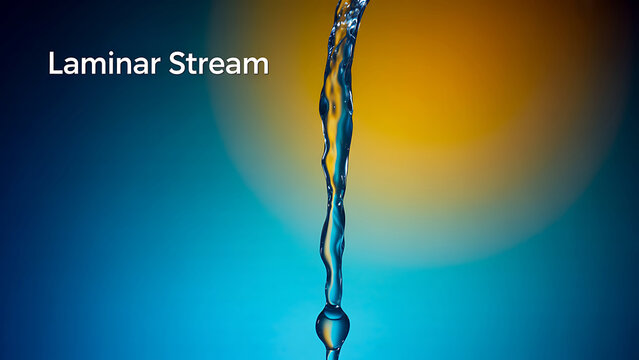 Laminar stream of water flowing down with a single drop falling off against a gradient background