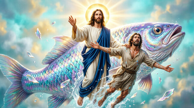 Sacred biblical masterpiece depicting the Sign of Jonah, foreshadowing Christ's resurrection.