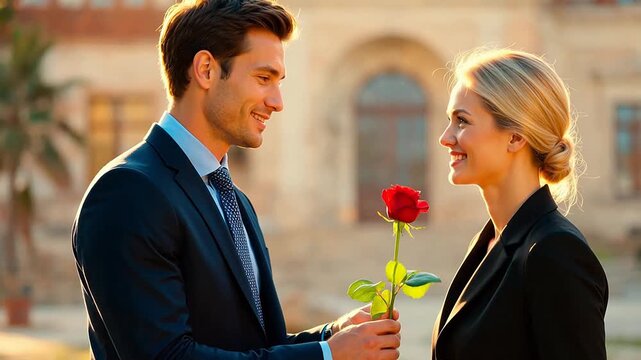 Man giving rose to woman in suits