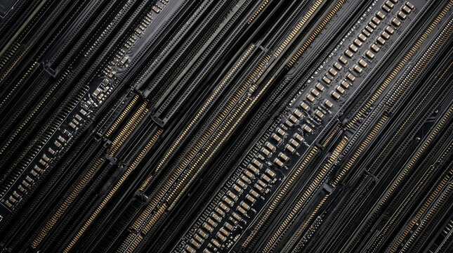 Top-down commercial flatlay of server DIMM memory slots forming a dense rhythmic pattern. Thousands of gold-plated leaf contacts shimmer alongside identical ceramic SMD capacitors on the PCB.