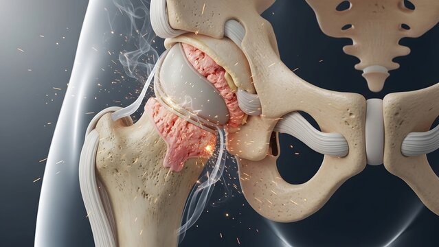 Detailed 3D illustration showcasing the intricate anatomy of a human hip joint with visible signs of inflammation and degeneration, highlighting potential joint damage and medical conditions
