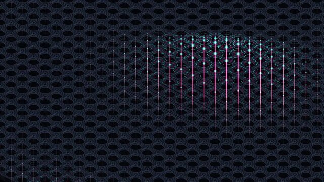 Abstract digital background with glowing neon light pillars and geometric grid pattern